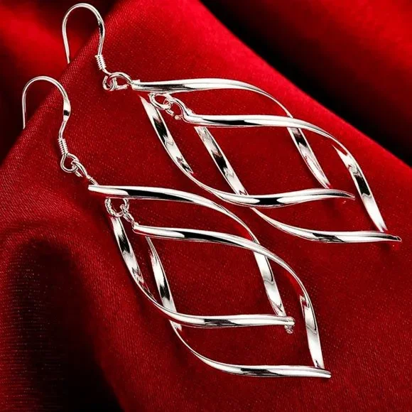 Gorgeous Wavy Drop Earrings Solid Sterling Silver " Hypoallergenic " - Picture 2 of 7